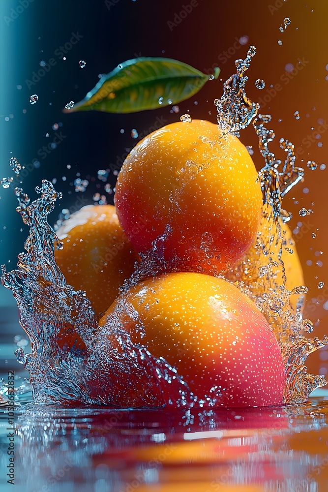 Poster a vibrant cluster of oranges splashing in water, featuring droplets and a single green leaf, creatin