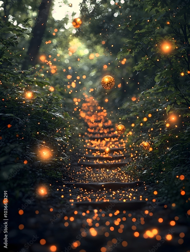 Poster a magical path through a lush forest, illuminated by glowing orbs, creating an enchanting atmosphere
