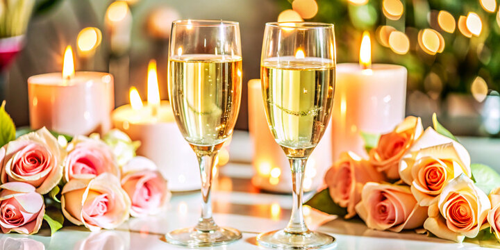 Champagne Glasses and Candlelight &ndash; Romantic Valentine's Day Dinner Atmosphere.