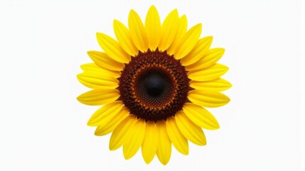 Fototapeta premium Single Vibrant Sunflower With Bright Yellow Petals and a Detailed Dark Brown Center Against a Clean White Isolated Background.