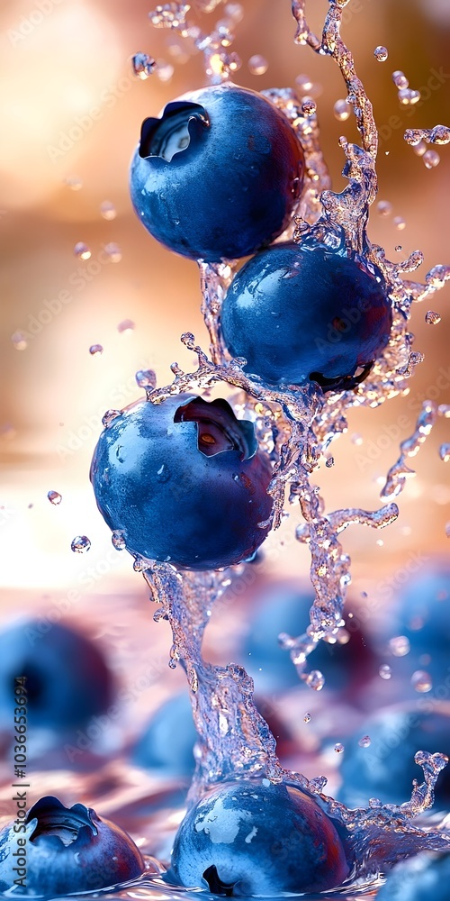 Poster fresh blueberries splashing in water, creating dynamic patterns with droplets. the vibrant colors co