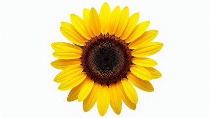 Fototapeta premium Single Vibrant Sunflower With Bright Yellow Petals and a Detailed Dark Brown Center Against a Clean White Isolated Background.