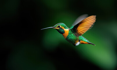 Obraz premium Captivating Hummingbird Mid-Flight in Lush Green Habitat