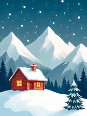 Fototapeta premium Cozy Cabin in a Snowy Mountain Landscape.