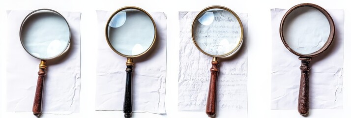 Magnifying glass examining a document, emphasizing details and clarity, symbolizing investigation and scrutiny in research.