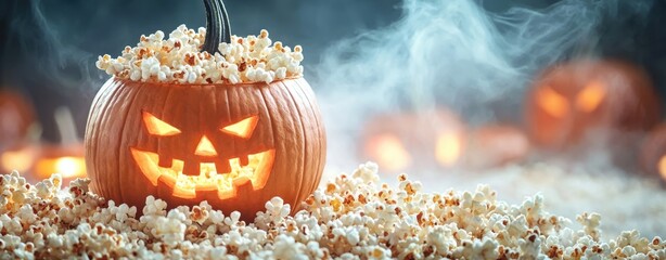A spooky Halloween pumpkin filled with popcorn surrounded by a misty atmosphere and eerie glowing jack-o'-lanterns in the background