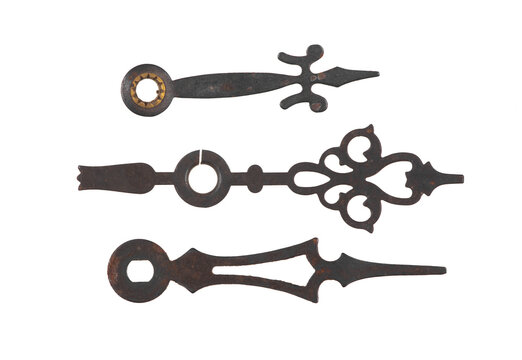 ancient iron clock hands isolated on white background