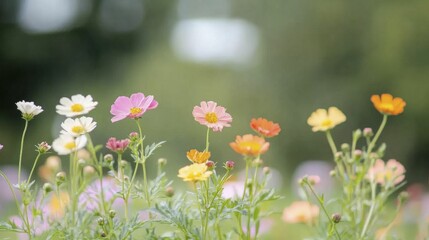 Fototapeta premium Vibrant summer flowers in bloom, colorful petals in a garden, soft sunlight filtering through.