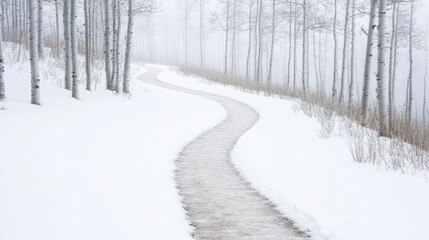 Obraz premium Winter mountain hike, frosty trail winding through snowy forest