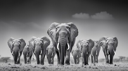 Herd of elephants walking in a line, with the matriarch leading through the Amboseli landscape