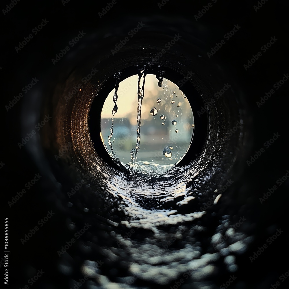 Aufkleber close-up of water flowing through a pipe, creating a serene and reflective scene.