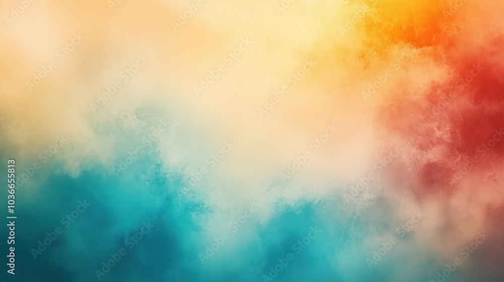 Aufkleber Abstract gradient background with soft light and shadow effects featuring orange, blue, and green colors, blending into a grainy textured surface with rough edges, and incorporating blurred nature sce