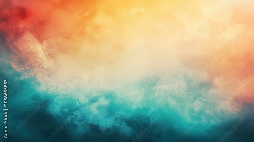 Aufkleber Abstract gradient background with soft light and shadow effects featuring orange, blue, and green colors, blending into a grainy textured surface with rough edges, and incorporating blurred nature sce