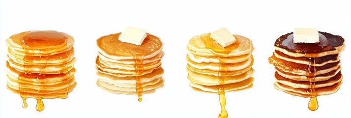 Delicious stack of fluffy pancakes topped with melting butter and drizzled syrup, perfect for a hearty breakfast or brunch indulgence.