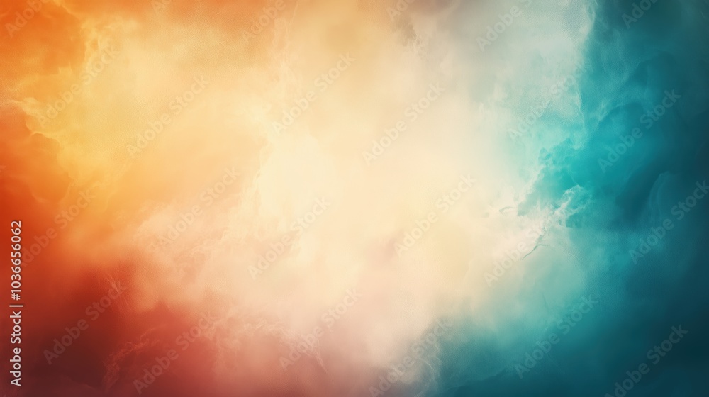 Poster Abstract gradient background with soft light and shadow effects featuring orange, blue, and green colors, blending into a grainy textured surface with rough edges, and incorporating blurred nature sce