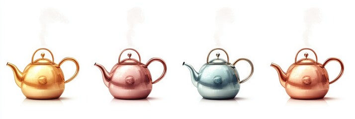 Tea kettle with steam rising from spout, elegant design, warm ambiance, inviting kitchen setting, cozy tea preparation atmosphere