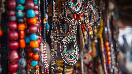Fototapeta premium Beautifully adorned Maasai jewelry displayed on a market stall, showcasing intricate craftsmanship