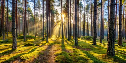 Obraz premium Golden Rays Illuminate a Tranquil Forest Floor, Bathed in the Soft Light of the Morning Sun, Casting Long Shadows Through the Dense Canopy of Tall Trees