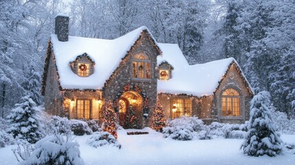 Naklejka premium Snow-Covered House with Twinkling Christmas Lights