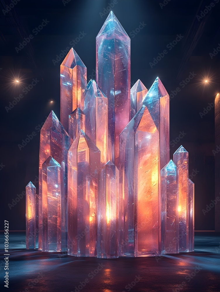 Poster A stunning cluster of translucent pink and blue crystals illuminated from within, creating a mystical and enchanting atmosphere with a shimmering glow.