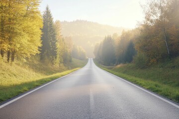 Fototapeta premium Autumn road trip, vibrant countryside, warm sunlight filtering through the trees