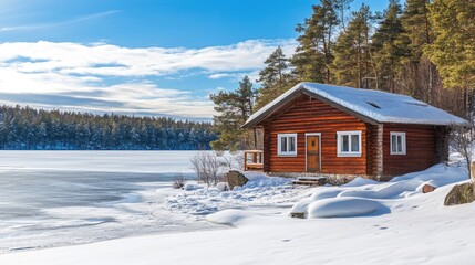 Snow-Covered Wooden Lodge by Frozen Lake
