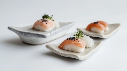 White rice sushi with salmon and herbs on ceramic dishes. Elegant serving of traditional Japanese dish in minimalist style. Sushi on white background.