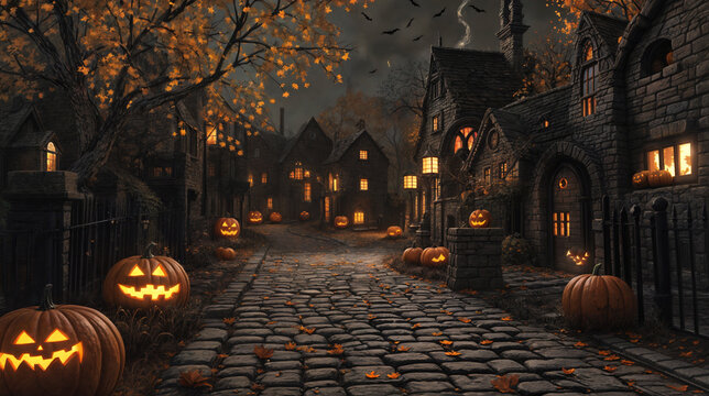 Fondo de Halloween con calabazas y casa embrujada - renderizado 3D. Fondo de Halloween con calabaza malvada. Espeluznante y aterradora noche oscura en el bosque. 