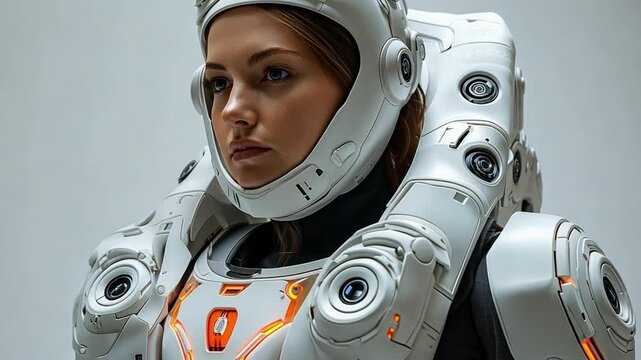 This woman wearing a cutting-edge white exosuit with intricate details stands confidently in a studio. Exoskeleton