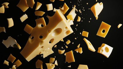 Slices of cheese elegantly fall, showcasing their unique shapes against a dark backdrop