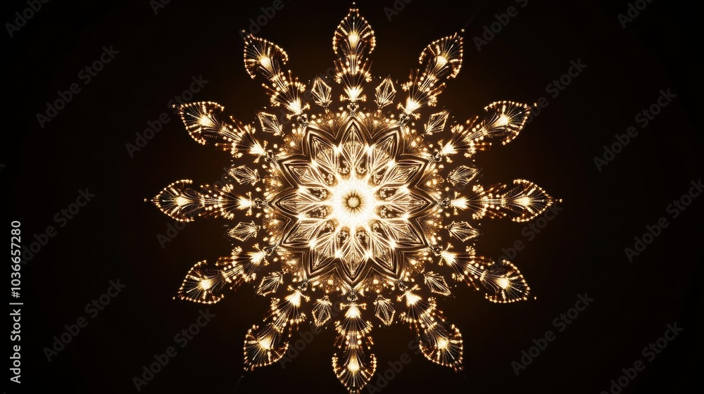 Poster delicate geometric patterns inspired by snowflakes shimmer with golden light, creating an enchanting