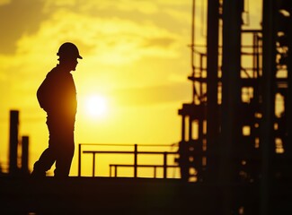 Fototapeta premium Silhouette of a male worker in a hard hat during sunset at an industrial site.