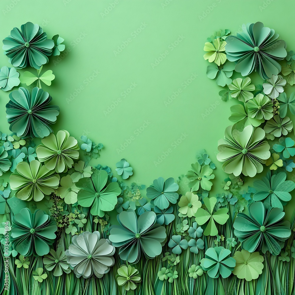 Poster Creative St Patrick's Day banner layout displaying layered paper art clovers in a gradient of greens set against a soft green background with ample copy space for celebrations