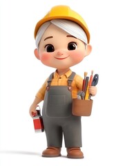 A cheerful cartoon character wearing a hard hat and holding tools, ready for construction.