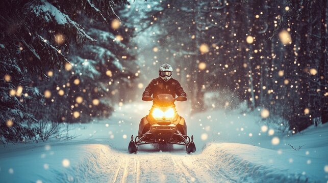 Snowmobile Riding Through Winter Wonderland