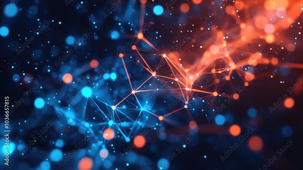 Poster a captivating blend of bright blue and orange dots and lines creating a dynamic abstract design
