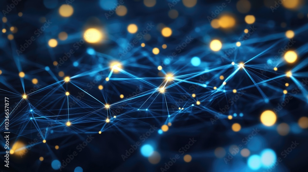 Poster swirling patterns of blue and gold lights create an intriguing abstract high-tech visual