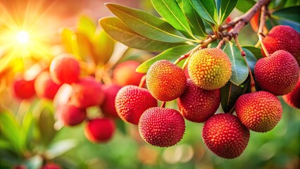 A cluster of red and yellow fruits, speckled with tiny bumps, hang from a branch, illuminated by the warm glow of the setting sun.