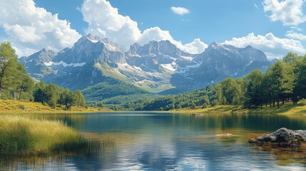 Fototapeta premium A picturesque landscape with mountains in the background positioned in the upper third, and a serene lake in the foreground, following the rule of thirds for balanced composition