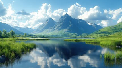 A picturesque landscape with mountains in the background positioned in the upper third, and a serene lake in the foreground, following the rule of thirds for balanced composition