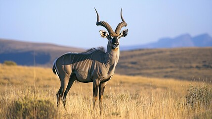 Obraz premium A majestic kudu antelope standing alert, its impressive spiral horns showcased against the landscape