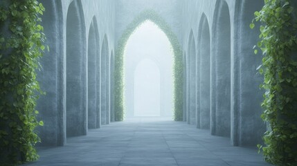 Obraz premium Gothic castle featuring lofty arches, ivy winding around shadowy stone walls, and an enchanting ambiance filled with mysterious shadows and soft glimmers of light.