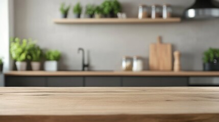 A wooden table graces a bright kitchen, framed by stylish cabinetry and lush plants