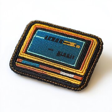 A colorful embroidered patch resembling a retro computer screen design.