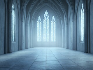 Obraz premium Gothic church with stained glass windows, dark and intricate stone carvings, dramatic lighting inside