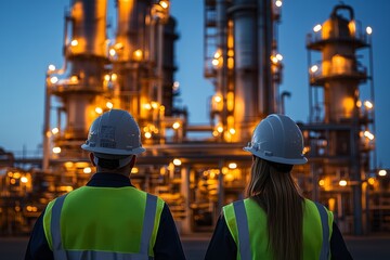 Obraz premium Two workers, one male and one female, in hard hats observe a glowing industrial scene.