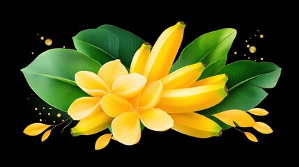 Fototapeta premium A scenic view of a banana tree bursting with ripe and unripe bananas, surrounded by dense green leaves, reflects the lushness and vibrancy of life in a tropical plantation setting.