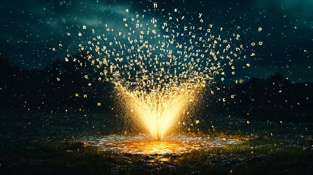 Golden letters burst from a dark pool of water in a night scene.