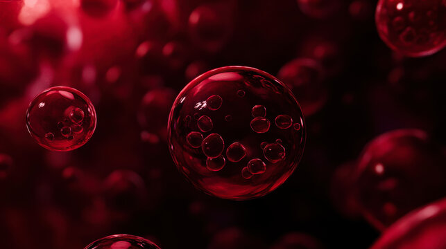 Close-up of red bubbles floating in liquid with a dark background during an artistic exploration of fluid dynamics