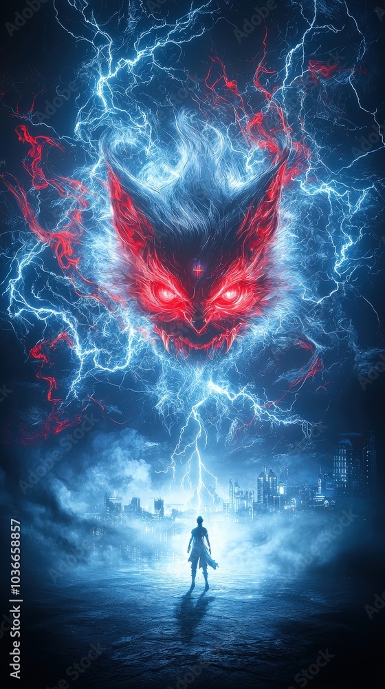 Poster a surreal scene with a giant yaksha overshadowing a neon-lit futuristic city. the atmosphere is drea